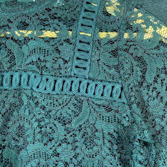LOFT Womens Blouse Green Floral Lace Bell Sleeve Crochet Sheer Stretch XS - Picture 15 of 16